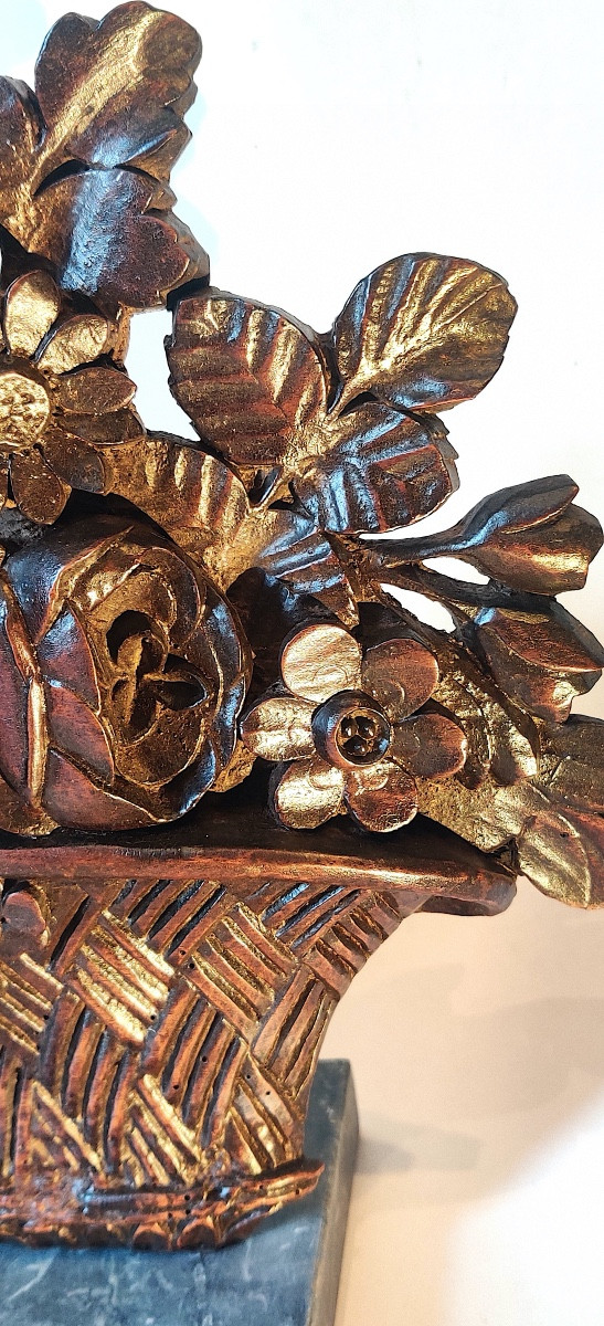 Carved Wooden Element With A “basket Of Fruit And Flowers”, 18th Century.-photo-1