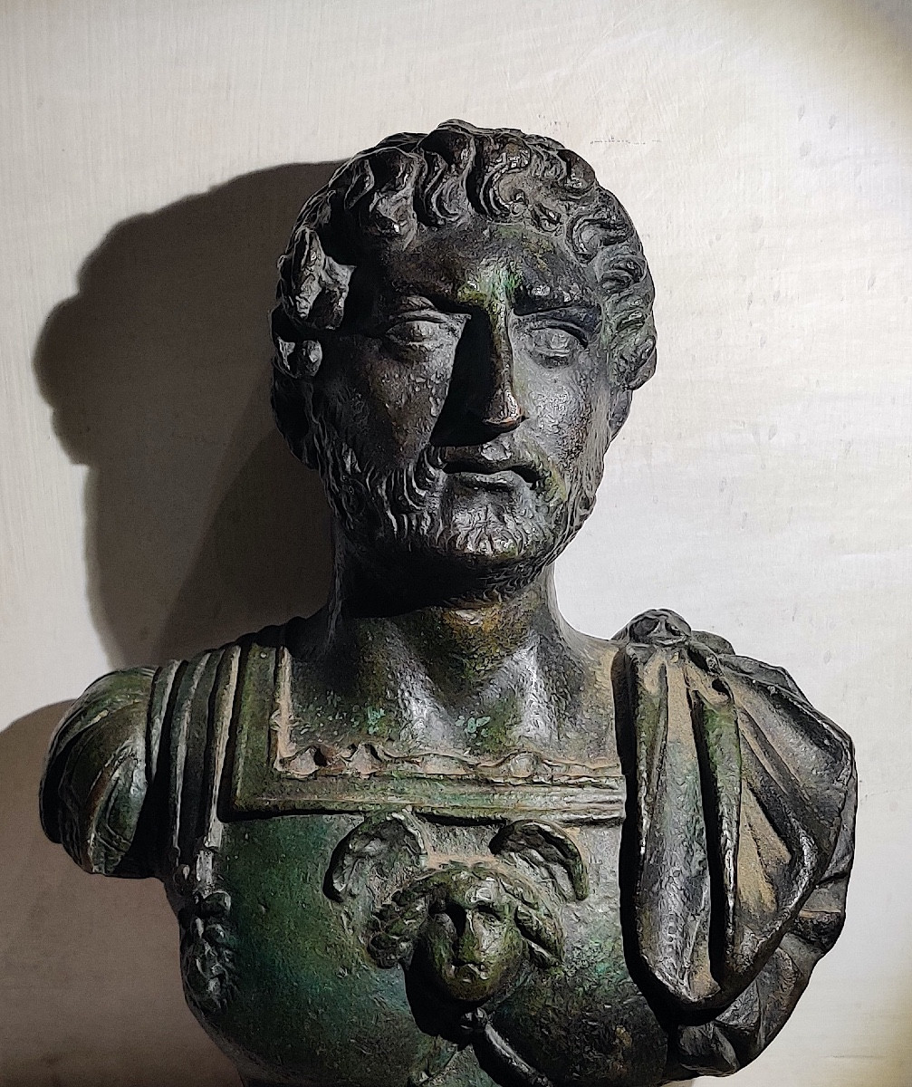 Antique-style Bust In Patinated Bronze Of Emperor Hadrian, Italy, 19th Century.-photo-5
