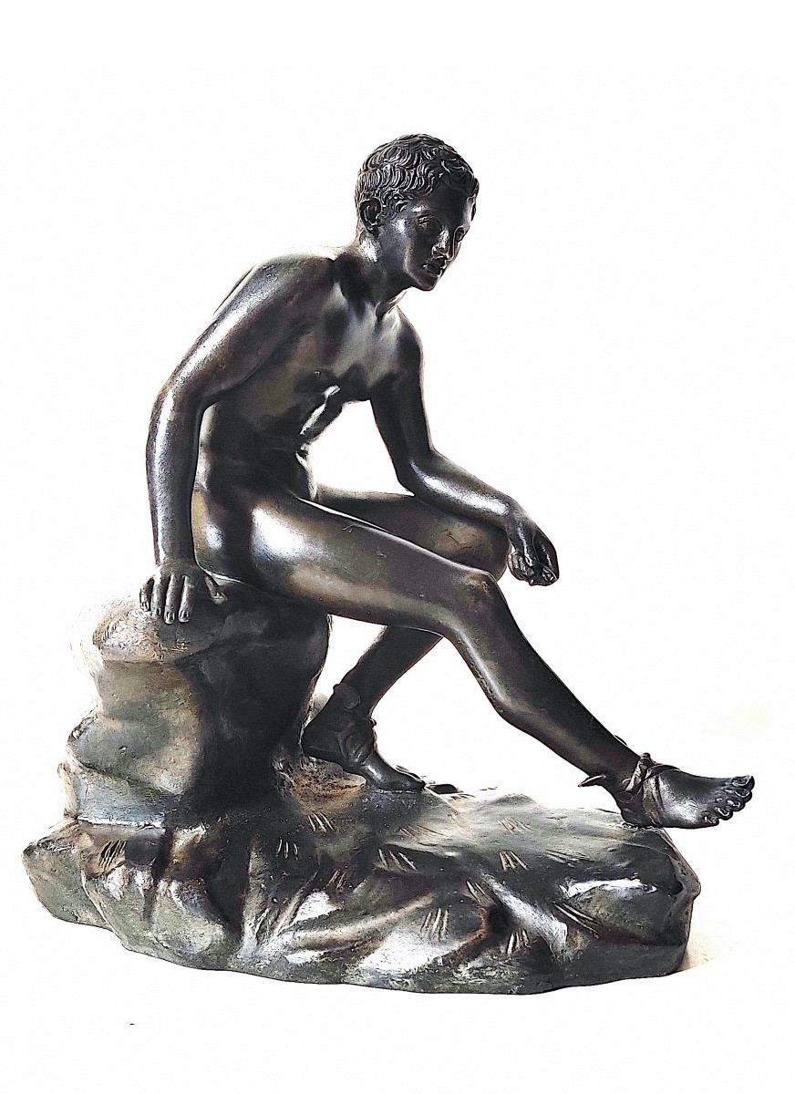 Group After The Antique "hermes At Rest", Bronze With Brown Patina, Grand Tour, 19th Century.