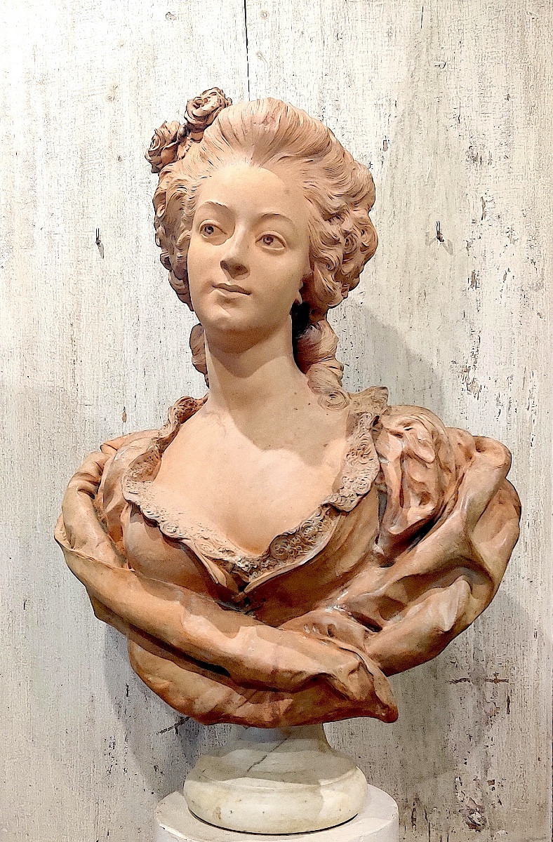 Important Terracotta Bust "lady Of Quality" Signed Paul Darbefeuille (ec Fr) Ep 19th.
