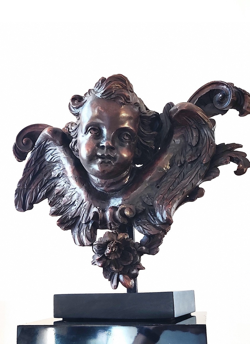 Important groupe baroque sculpté en haut relief " Chérubin"  , XVIIIème.-photo-2