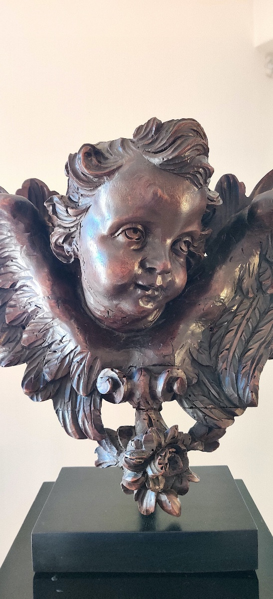 Important groupe baroque sculpté en haut relief " Chérubin"  , XVIIIème.-photo-3