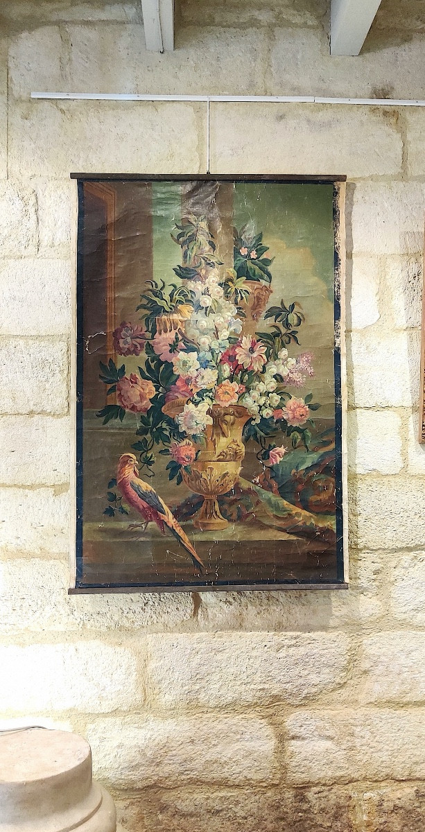 Large Painted Canvas, Theater Decor, "bouquet Of Flowers In 18th Century Style", Early 20th Century-photo-2