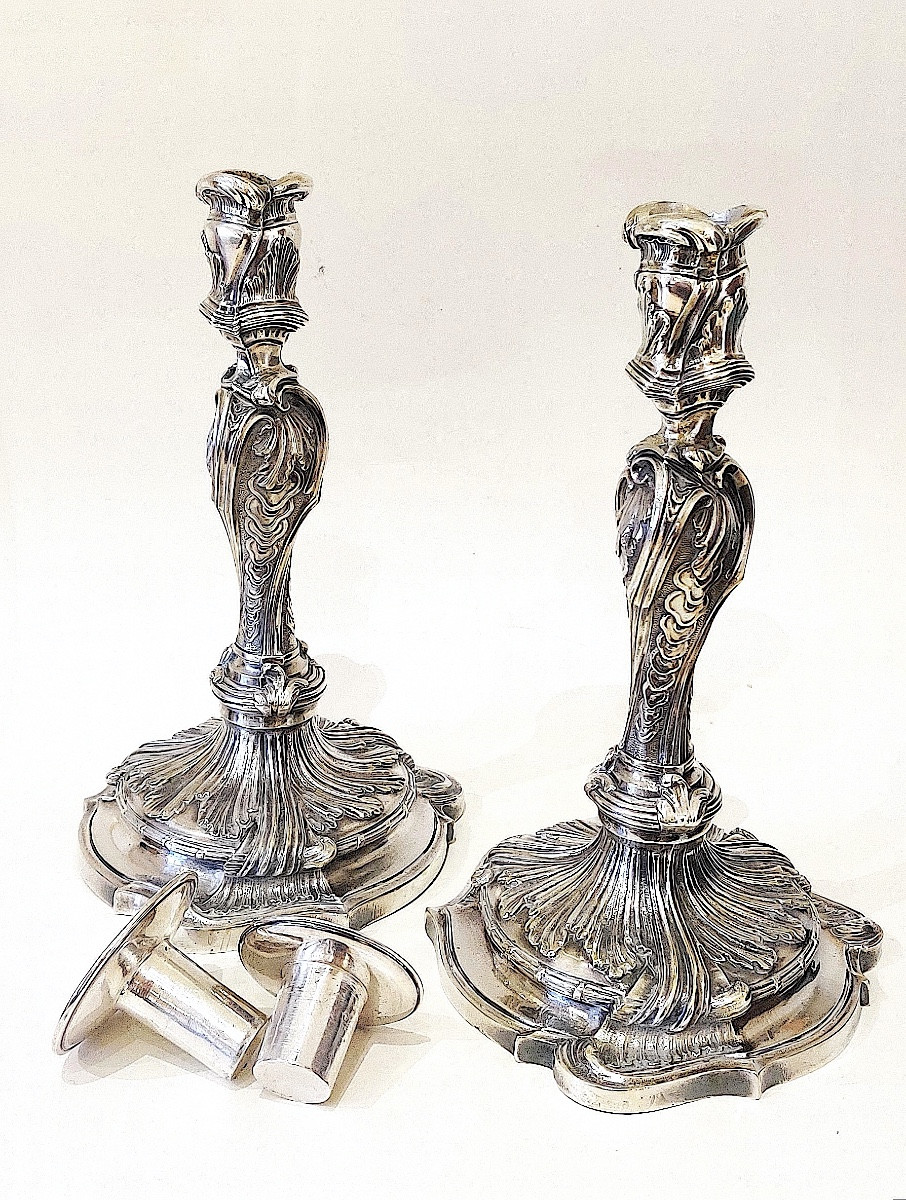 Pair Of Louis XV Period Candlesticks With Crowned "c", Silvered Bronze, 18th Century.-photo-3