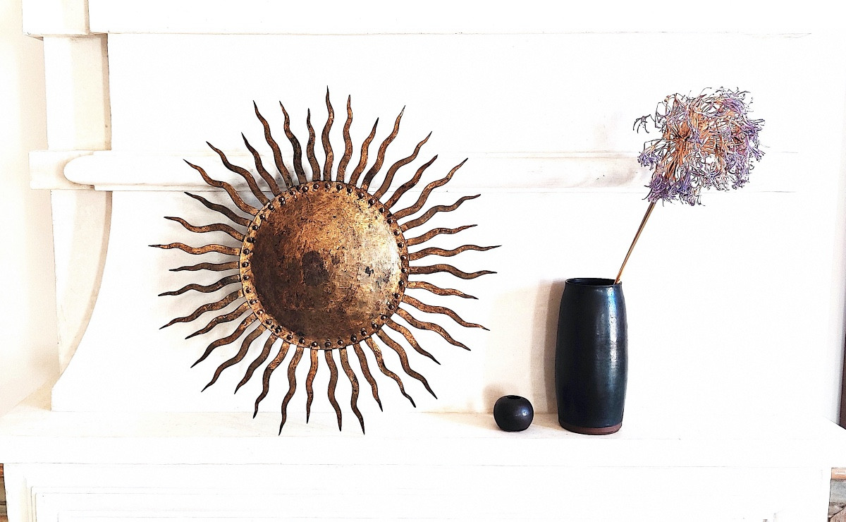 Plafonnier/Applique Design " Soleil " en fer doré , années 50/60-photo-2