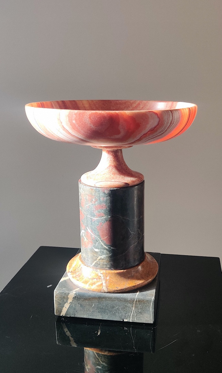 Coupe en agate rubanée sur une base colonne en marbres  contrastés, époque fin XIX /début XXème-photo-4