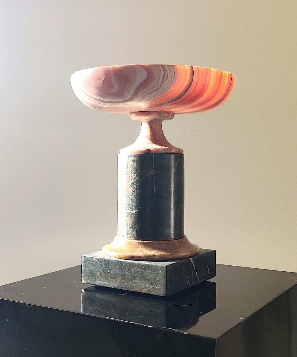 Coupe en agate rubanée sur une base colonne en marbres  contrastés, époque fin XIX /début XXème-photo-5