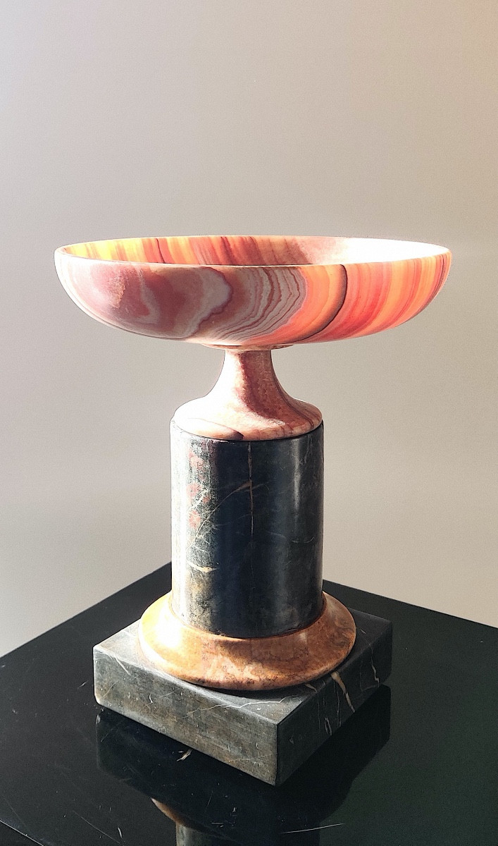 Coupe en agate rubanée sur une base colonne en marbres  contrastés, époque fin XIX /début XXème-photo-6