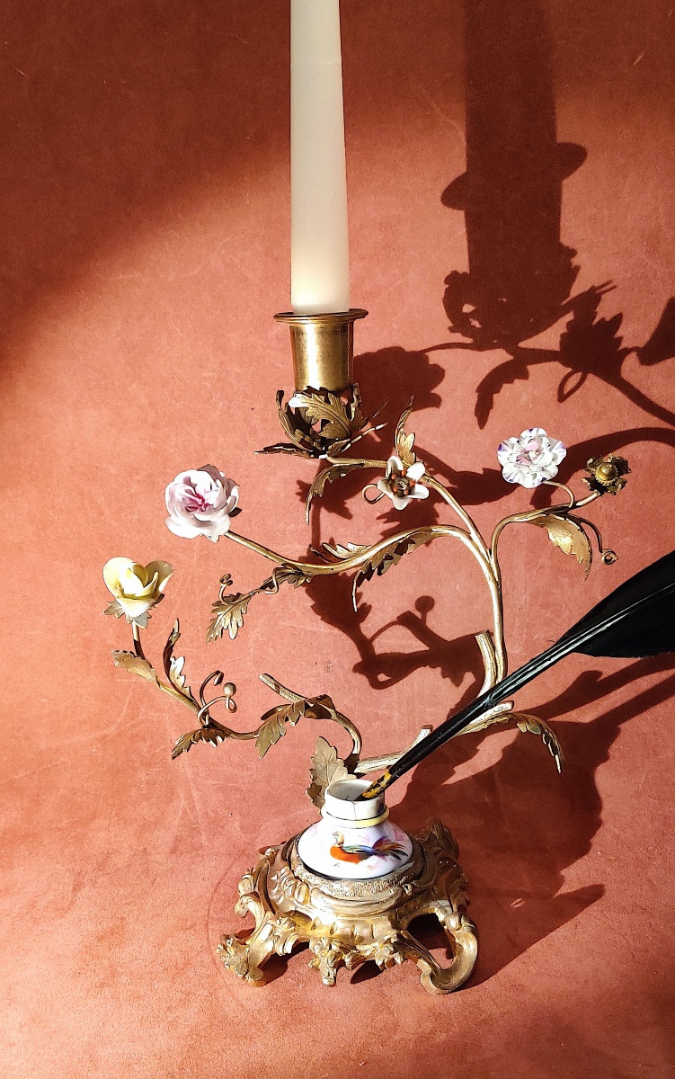 Louis XV Style Candlestick And Inkwell Holder In Gilt Bronze With Porcelain Flowers, 19th Century.-photo-2