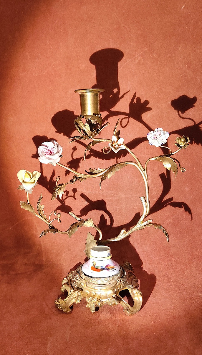 Louis XV Style Candlestick And Inkwell Holder In Gilt Bronze With Porcelain Flowers, 19th Century.-photo-3