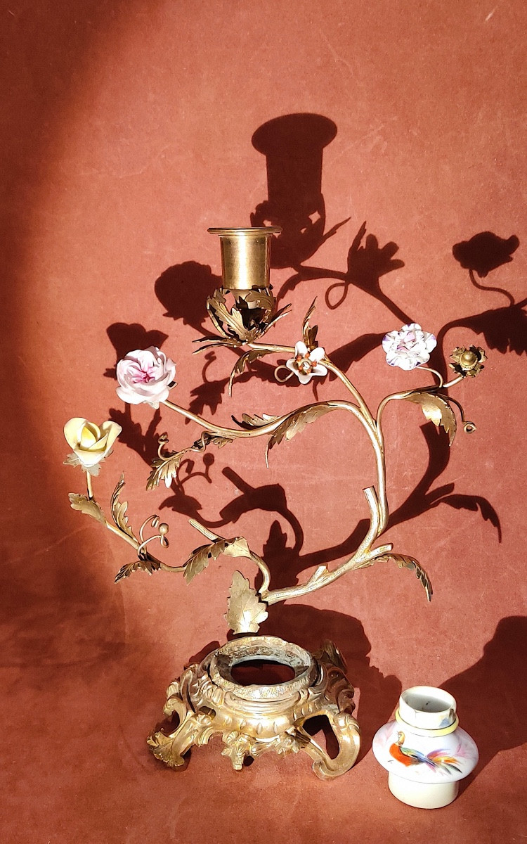 Louis XV Style Candlestick And Inkwell Holder In Gilt Bronze With Porcelain Flowers, 19th Century.-photo-4