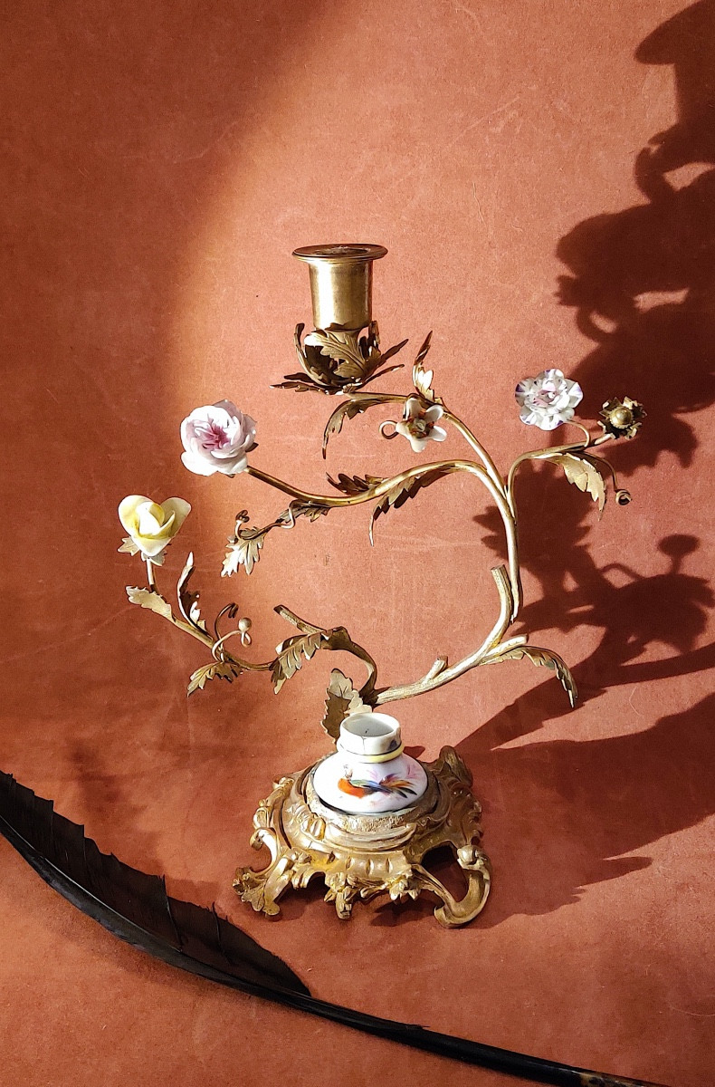 Louis XV Style Candlestick And Inkwell Holder In Gilt Bronze With Porcelain Flowers, 19th Century.-photo-1