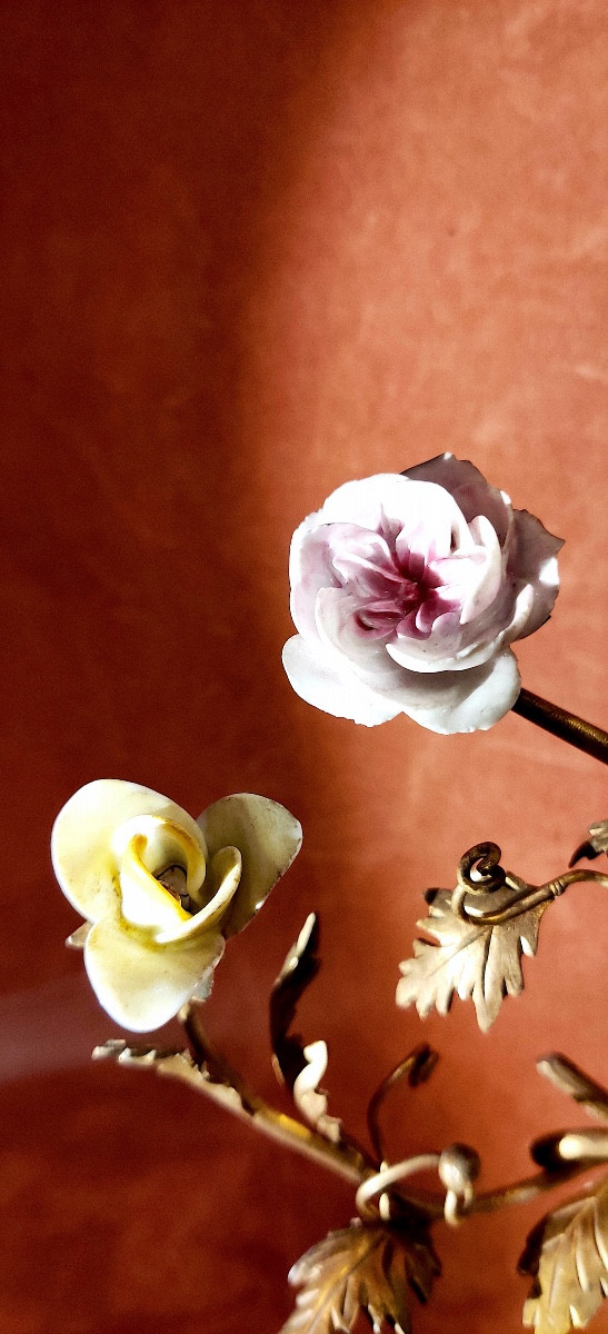 Louis XV Style Candlestick And Inkwell Holder In Gilt Bronze With Porcelain Flowers, 19th Century.-photo-2