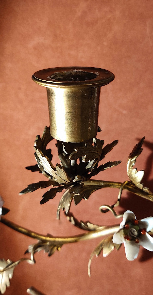 Louis XV Style Candlestick And Inkwell Holder In Gilt Bronze With Porcelain Flowers, 19th Century.-photo-4
