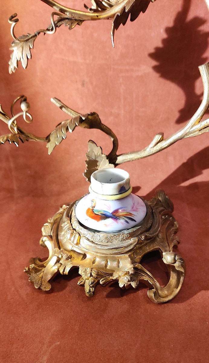 Louis XV Style Candlestick And Inkwell Holder In Gilt Bronze With Porcelain Flowers, 19th Century.-photo-5