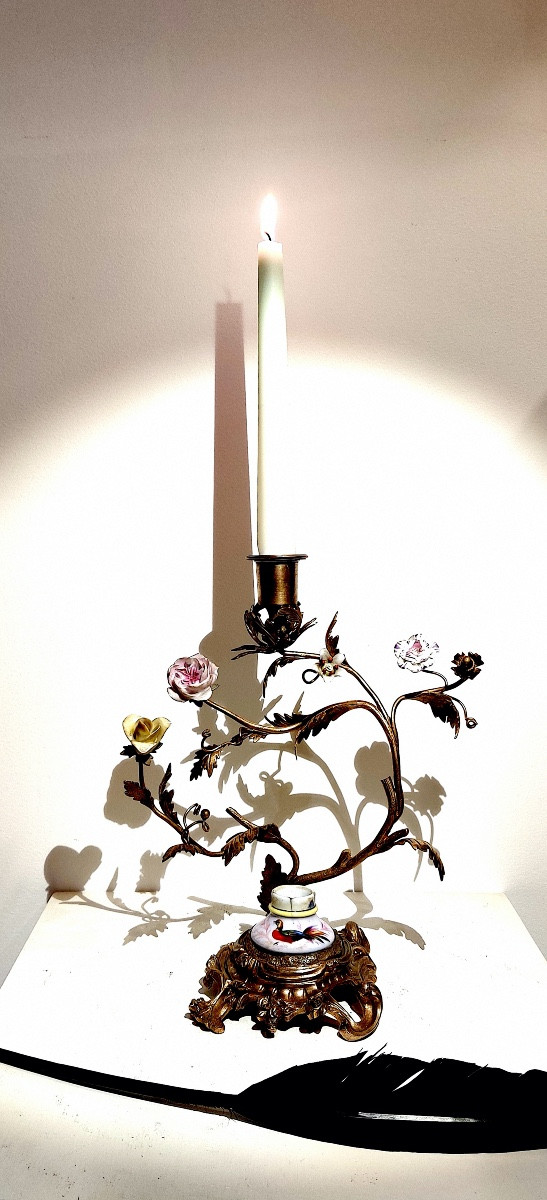 Louis XV Style Candlestick And Inkwell Holder In Gilt Bronze With Porcelain Flowers, 19th Century.