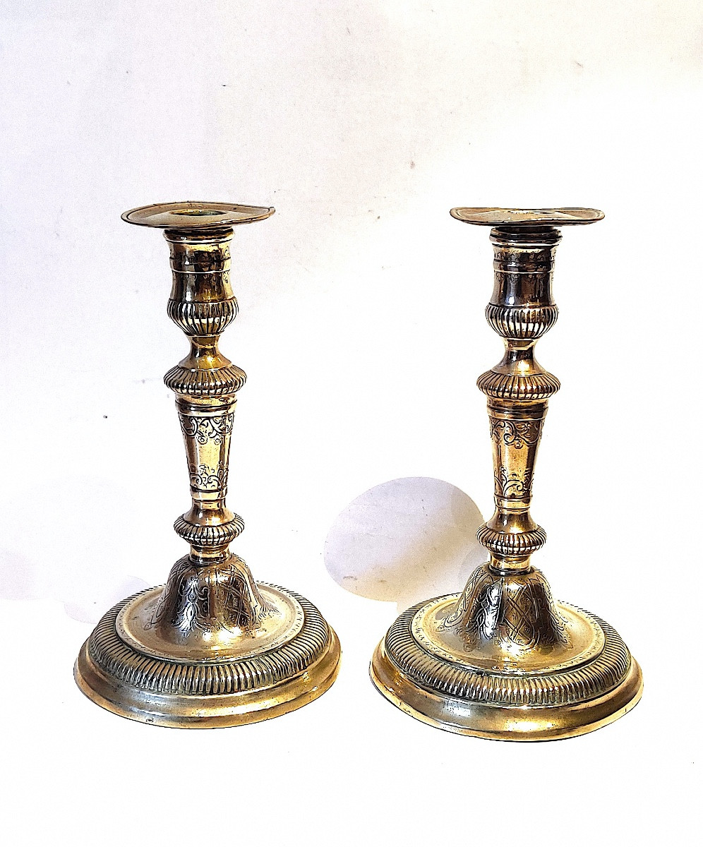 Pair Of Lxiv Candlesticks Engraved With A Bérain-style Decoration, France, Early 18th Century