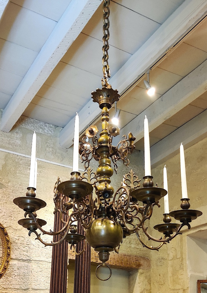 Important Bronze Chandelier In The Flemish Gothic Style, 8 Lights, 19th Century-photo-2