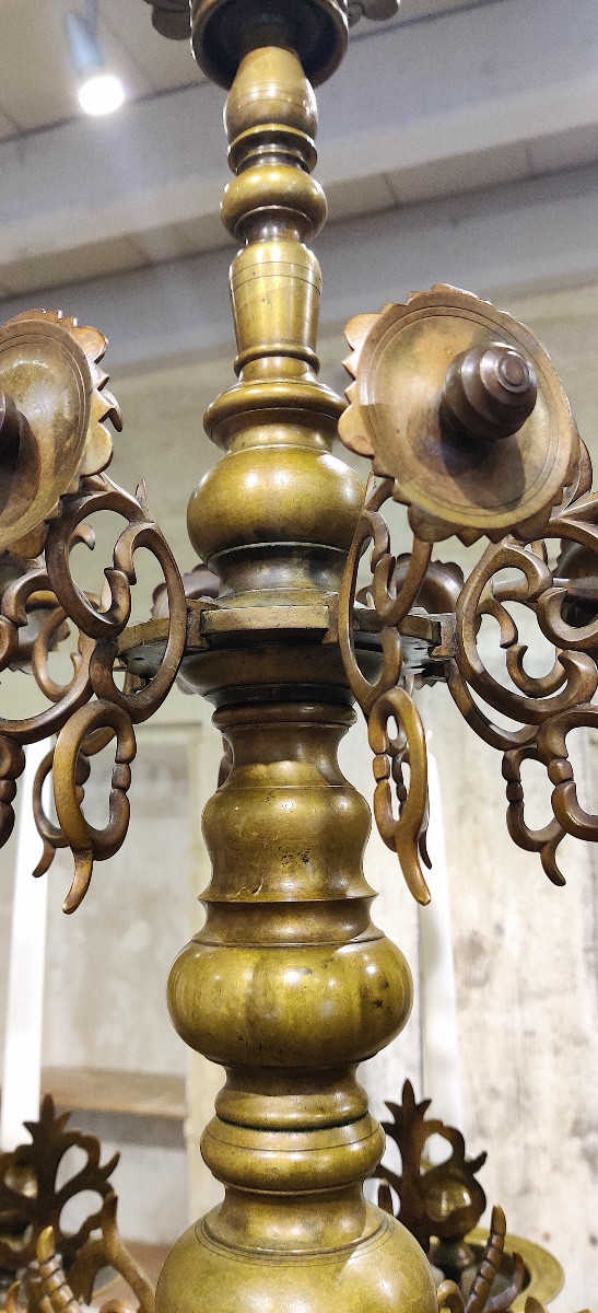Important Bronze Chandelier In The Flemish Gothic Style, 8 Lights, 19th Century-photo-3