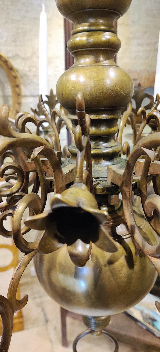 Important Bronze Chandelier In The Flemish Gothic Style, 8 Lights, 19th Century-photo-4
