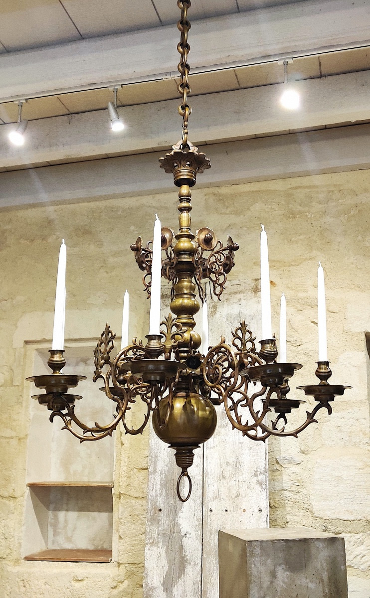 Important Bronze Chandelier In The Flemish Gothic Style, 8 Lights, 19th Century