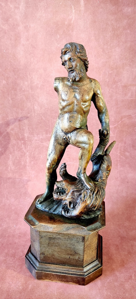 Groupe bois sculpté " Hercule terrassant le lion de Némée" , fin XVII/début XVIIIéme siècle .-photo-2