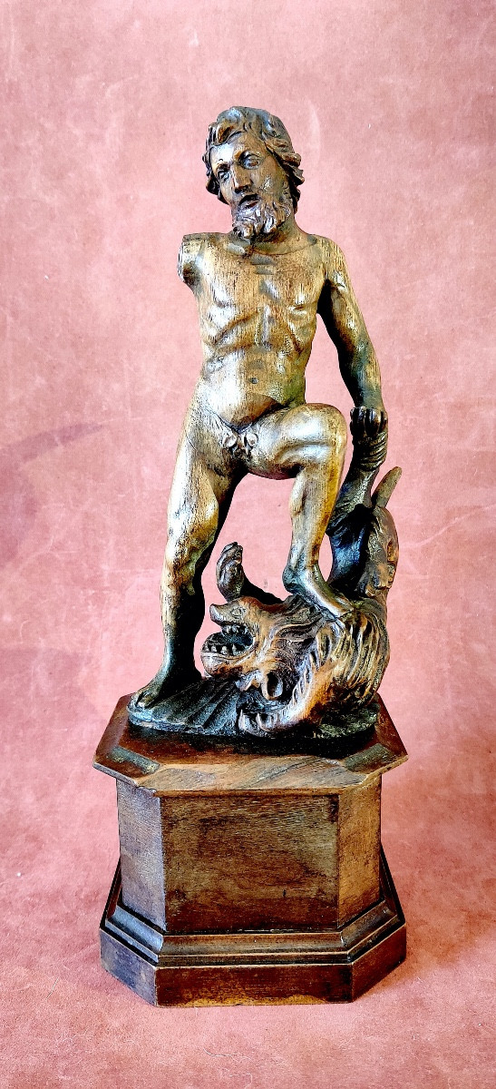 Groupe bois sculpté " Hercule terrassant le lion de Némée" , fin XVII/début XVIIIéme siècle .
