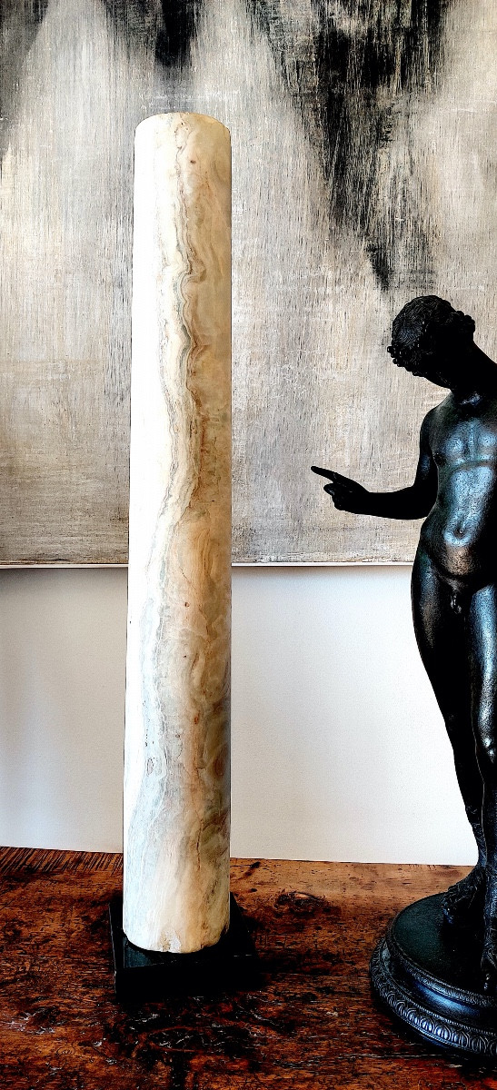 Colonne ancienne soclée en marbre-onyx / albâtre égyptien , Italie , début XIXème ou avant .-photo-2