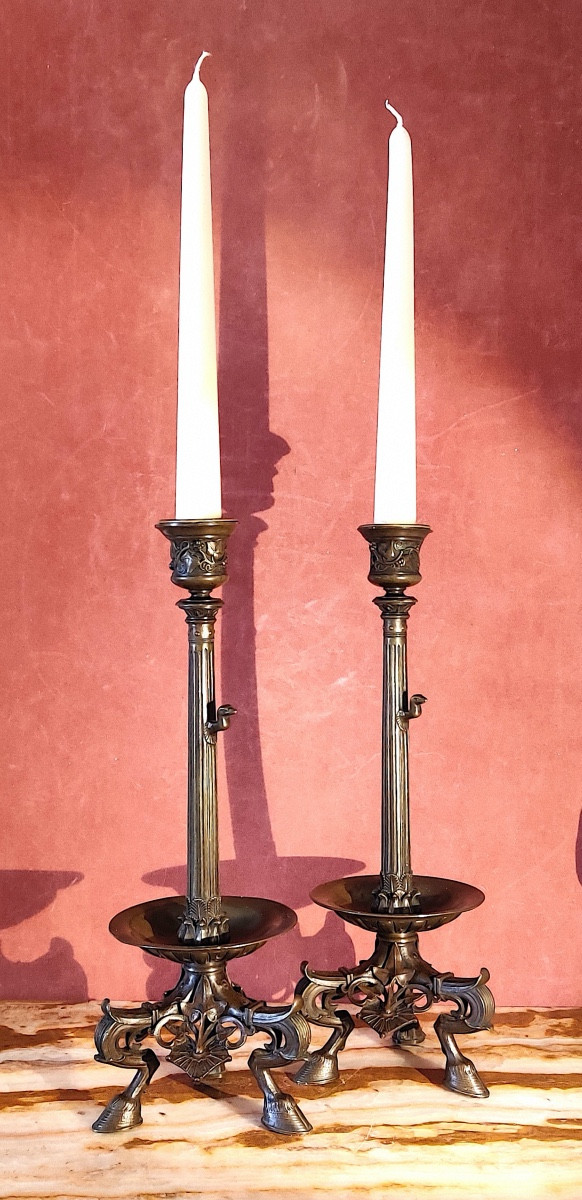 Paire de grands bougeoirs à l'Antique en bronze patiné , Maison Barbedienne , Paris , XIXème.-photo-2