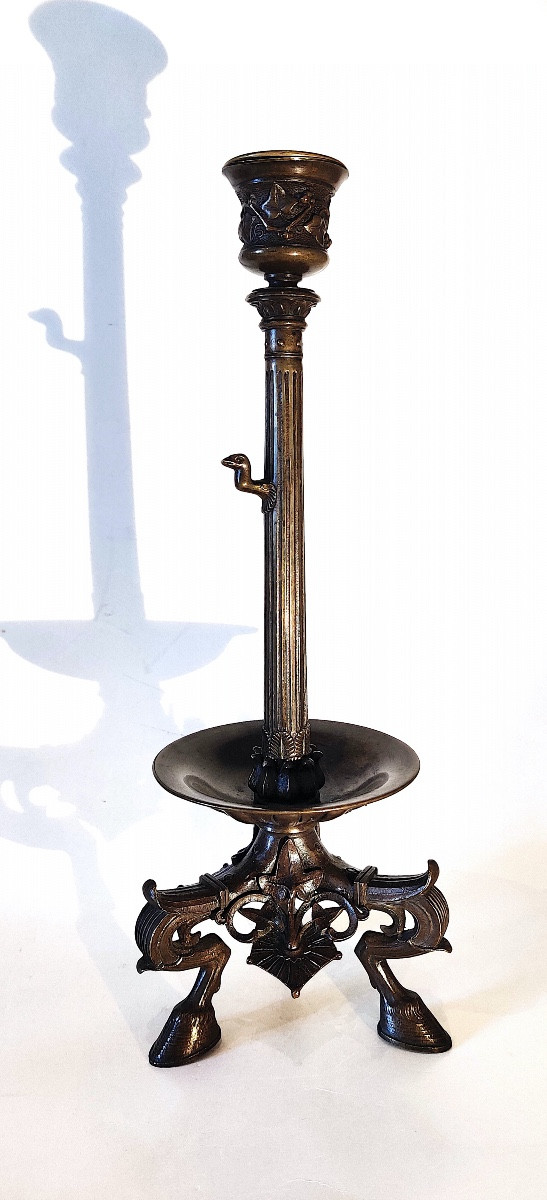 Paire de grands bougeoirs à l'Antique en bronze patiné , Maison Barbedienne , Paris , XIXème.-photo-4