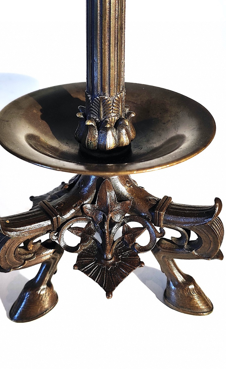 Paire de grands bougeoirs à l'Antique en bronze patiné , Maison Barbedienne , Paris , XIXème.-photo-2