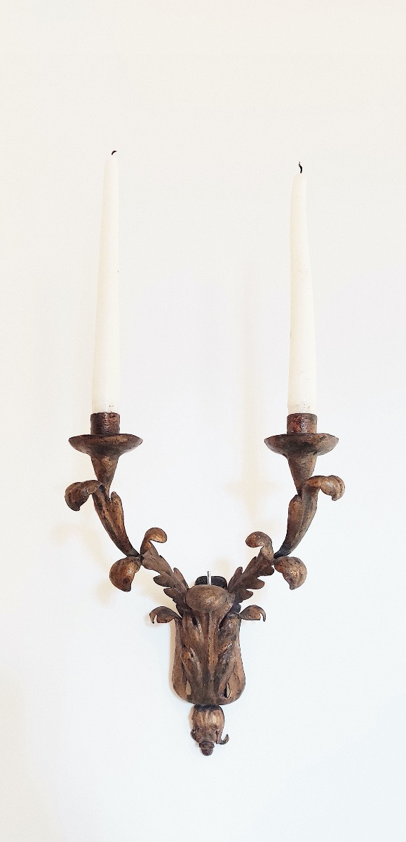 Pair Of Italian Baroque Sconces In Gilded Iron From The 19th Century.-photo-3