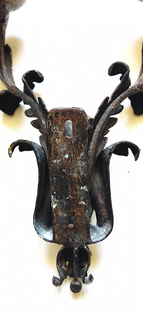 Pair Of Italian Baroque Sconces In Gilded Iron From The 19th Century.-photo-4