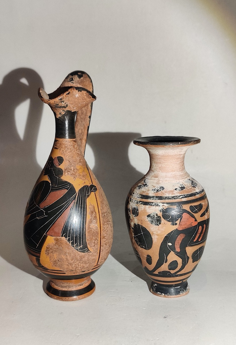 Ensemble de 2 petits vases de style grec , terre cuite peinte , Italie , fin XIXème.-photo-4
