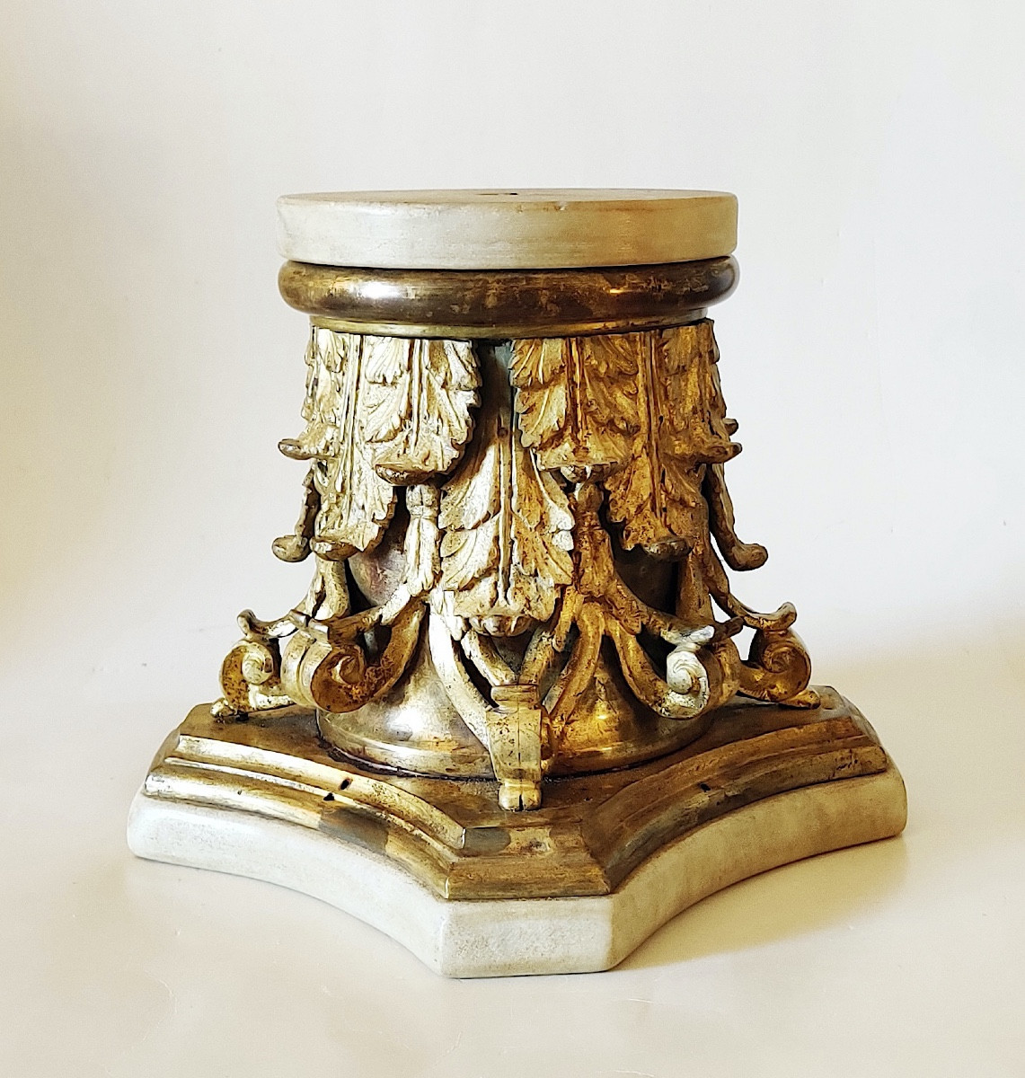 Grand socle/présentoir " Chapiteau corinthien" , bronze doré et marbre , Italie, époque XIXème-photo-2