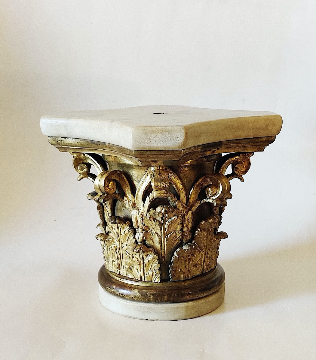 Grand socle/présentoir " Chapiteau corinthien" , bronze doré et marbre , Italie, époque XIXème-photo-4