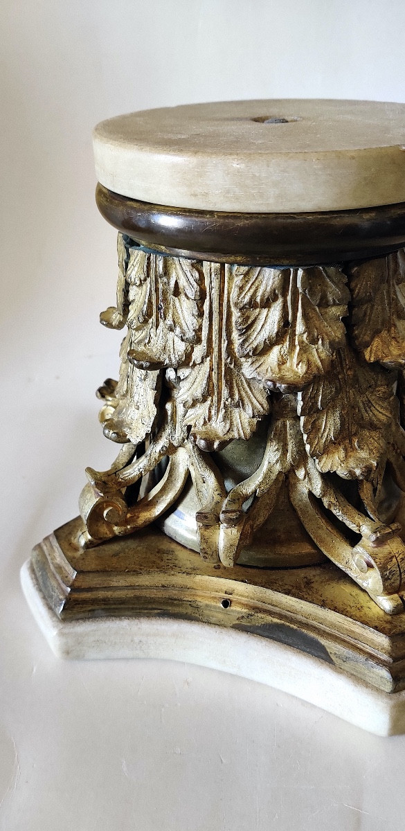 Grand socle/présentoir " Chapiteau corinthien" , bronze doré et marbre , Italie, époque XIXème-photo-4
