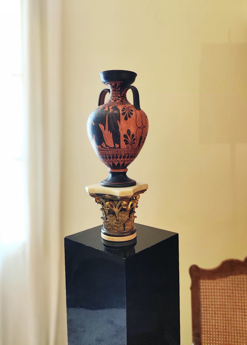 Grand socle/présentoir " Chapiteau corinthien" , bronze doré et marbre , Italie, époque XIXème-photo-7