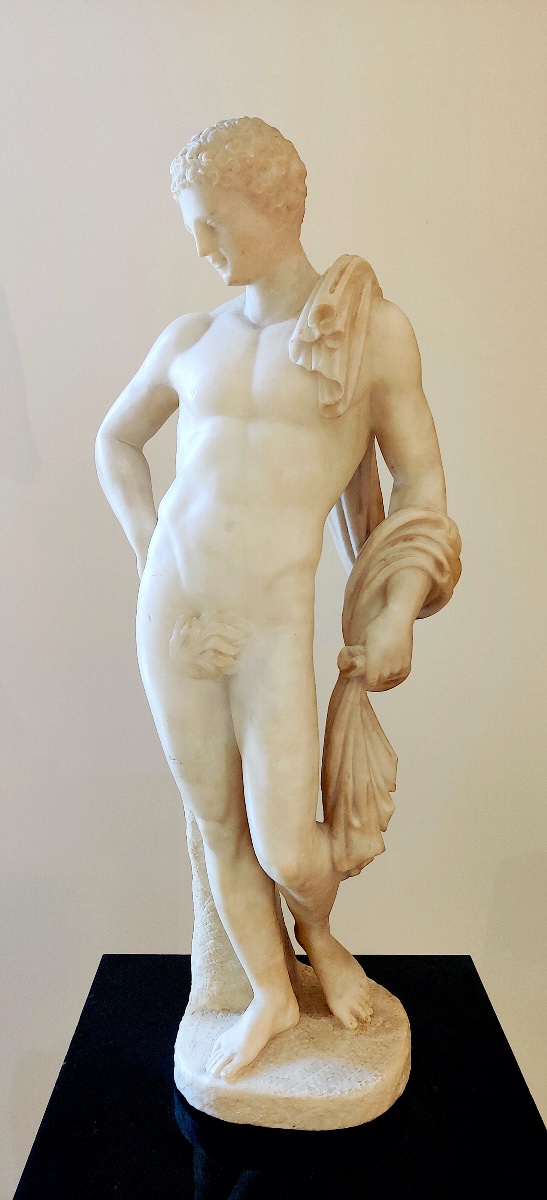 " Hermes du Belvédère" en albâtre sculpté , Grand Tour , vers 1830 ., 58 CM de haut .-photo-4