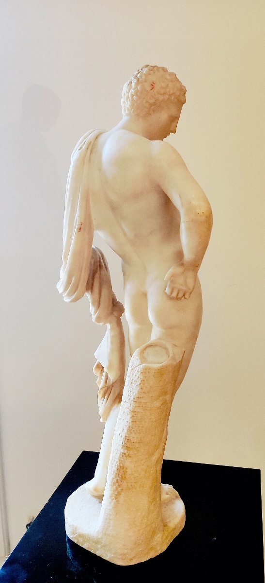 " Hermes du Belvédère" en albâtre sculpté , Grand Tour , vers 1830 ., 58 CM de haut .-photo-3