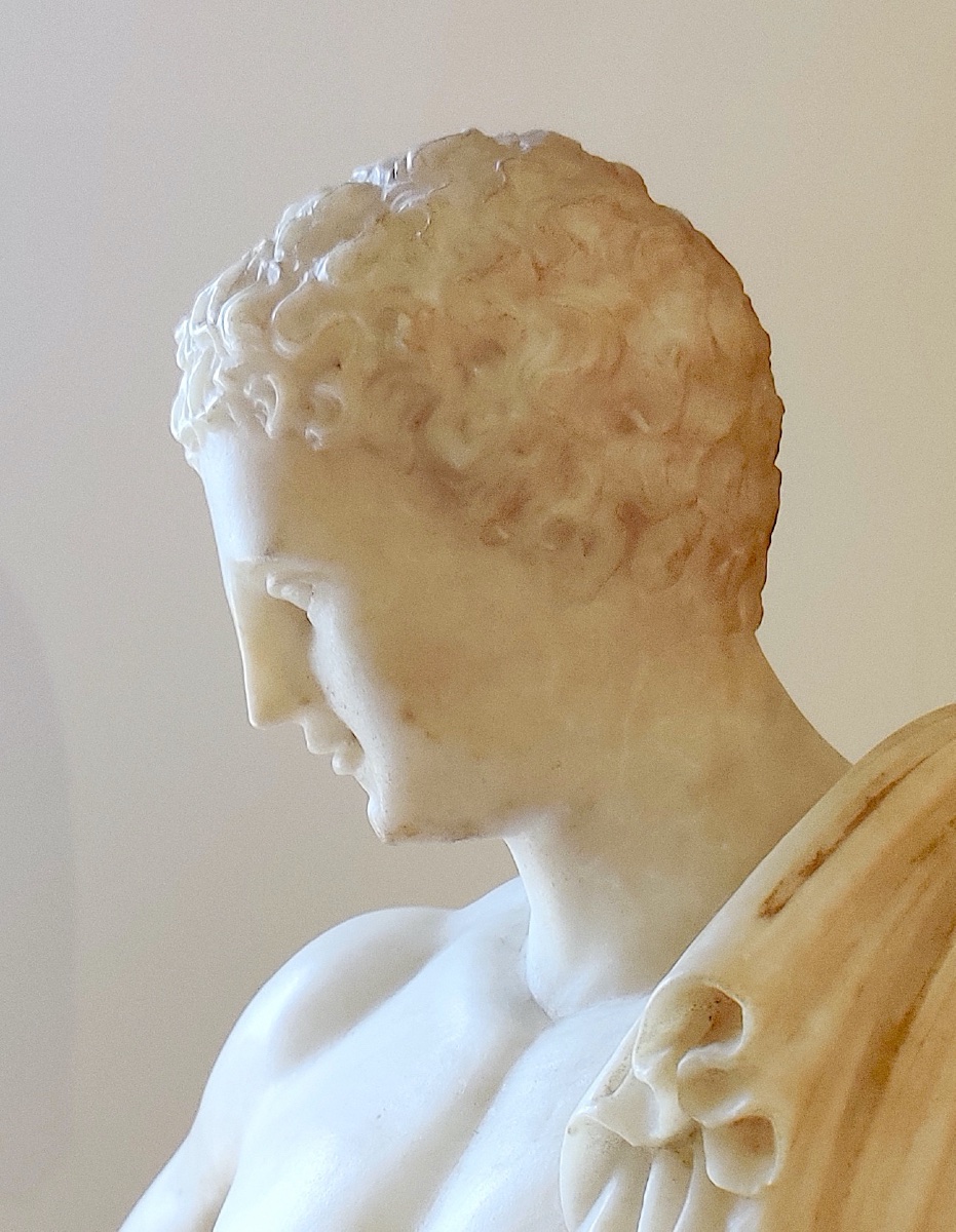 " Hermes du Belvédère" en albâtre sculpté , Grand Tour , vers 1830 ., 58 CM de haut .-photo-4
