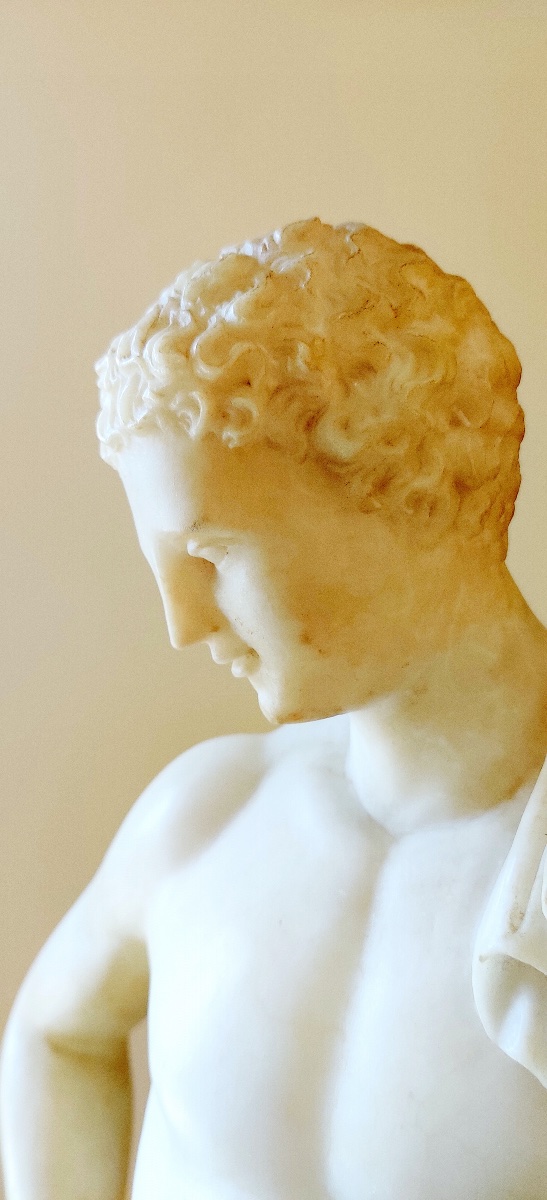 " Hermes du Belvédère" en albâtre sculpté , Grand Tour , vers 1830 ., 58 CM de haut .-photo-5