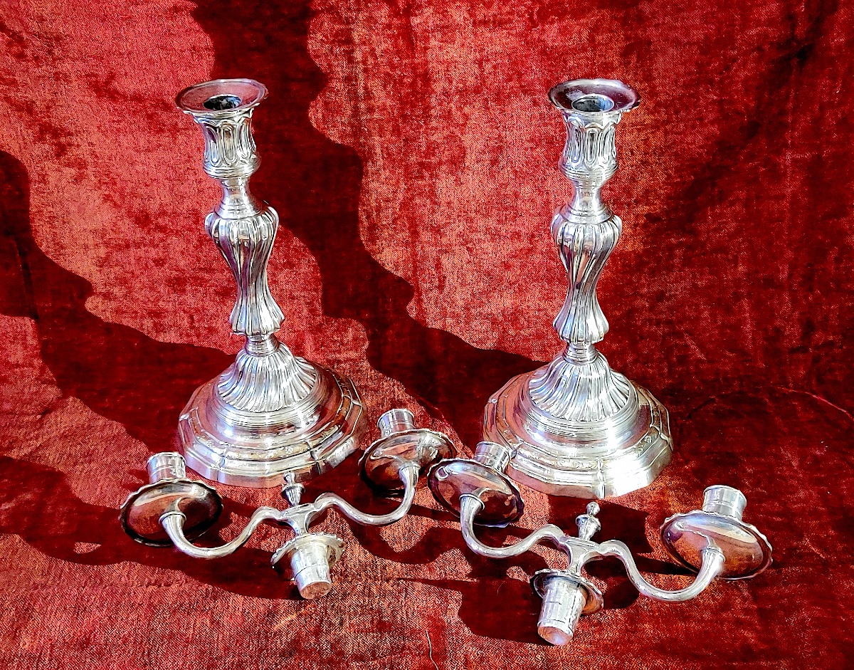 Paire de grands candélabres en métal plaqué d'argent , France , époque LXV.-photo-1