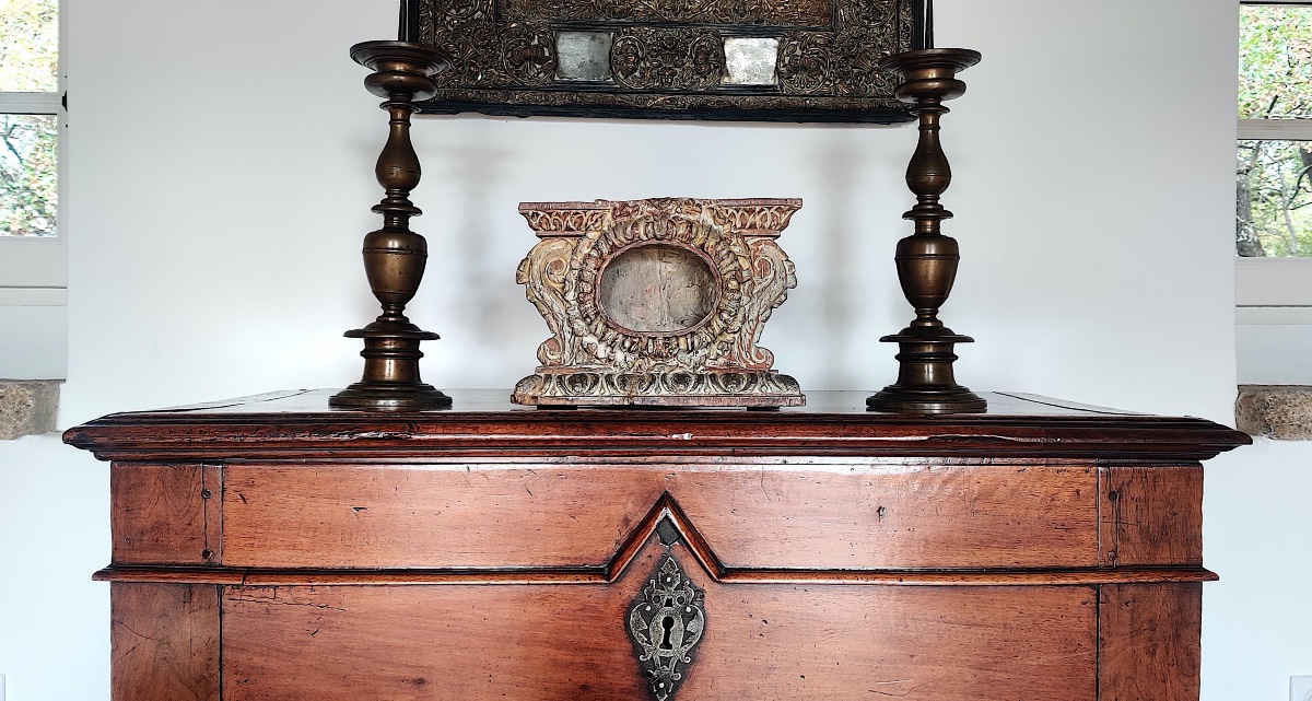 Grand Présentoir/Reliquaire LXIV en bois sculpté et peint d'époque XVIIème-photo-6
