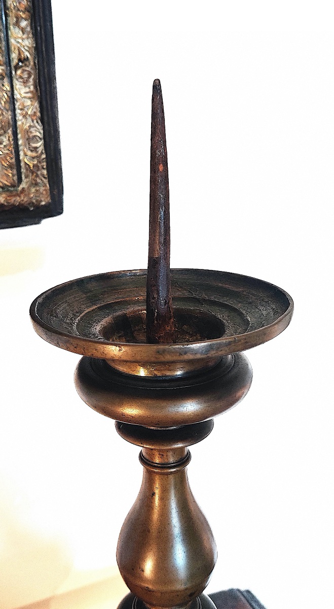 Pair Of Large Candlesticks In Patinated Bronze, Italy, Tuscany, 17th Century.-photo-1