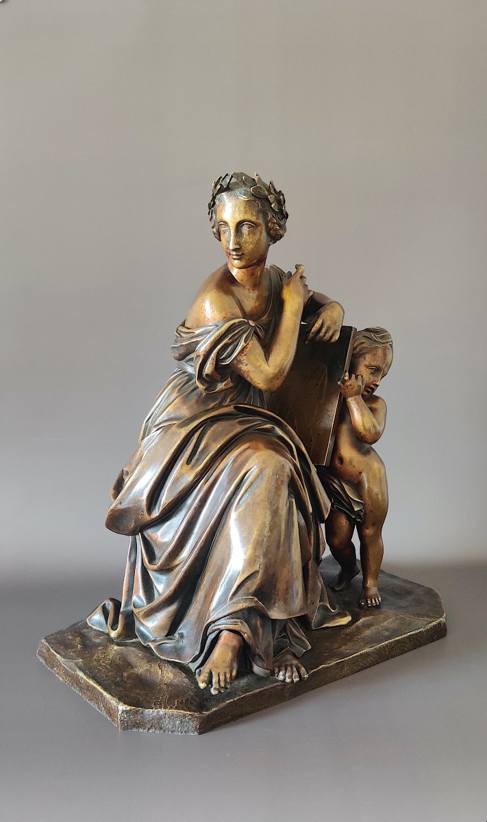 Neoclassical Bronze Sculpture With An Allegorical Subject, "goddess And Cherub," Mid-19th Century.-photo-2