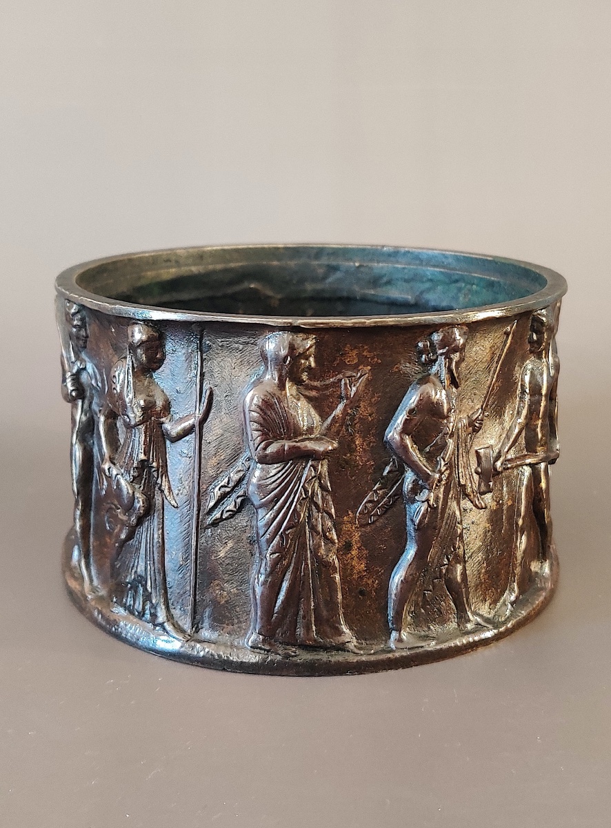 Coupe  cylindrique traitée à l'Antique en bronze patiné , Grand Tour , Italie , XIXème siècle .-photo-2