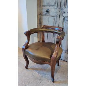 Office Armchair In Walnut And Leather, 19th Century