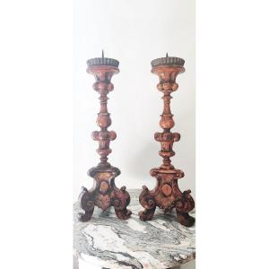 Pair Of Large Carved And Painted Wooden Candle Holders, Spain, 18th Century