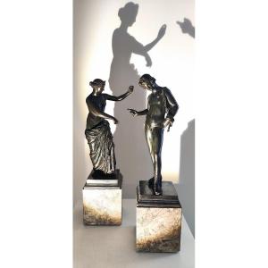 Pair Of Bronzes After Antiquity On Marble Bases, Grand Tour, 19th Century
